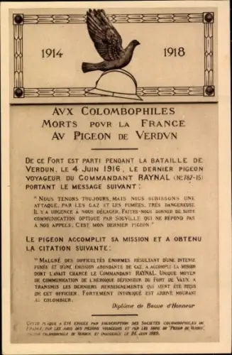 Ak Douaumont Vaux Meuse, Festung von Vaux, Platte zum Gedächtnis der Brieftaube, I WK