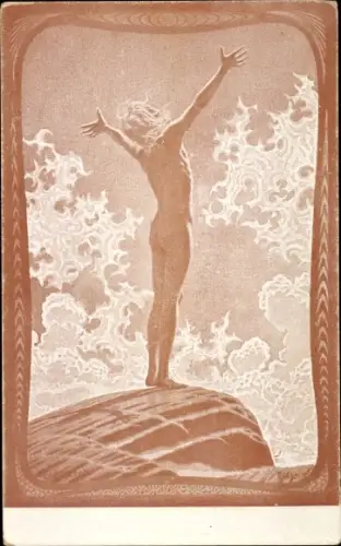 Jugendstil Künstler Ak Fidus, Lichtgebet, Mann auf Felsen