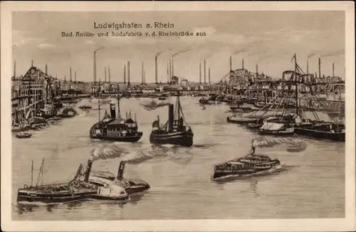 Ak Ludwigshafen am Rhein, Badische Anilin und Sodafabrik, Blick von der Rheinbrücke