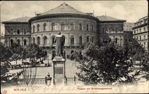 Ak Mainz am Rhein, Theater, Gutenbergdenkmal