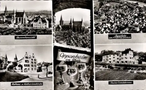 Ak Oppenheim am Oberrhein, Gesamtansicht, Rathaus, Katharinenkirche,  Ruine Landskrone