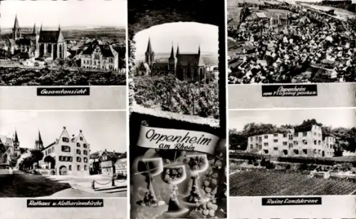 Ak Oppenheim am Oberrhein, Gesamtansicht, Rathaus, Katharinenkirche,  Ruine Landskrone