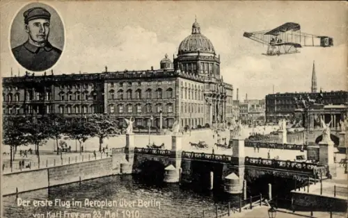 Ak Berlin Mitte, Schloss, Der erste Flug im Aeroplan von Karl Frey, 23. Mai 1910