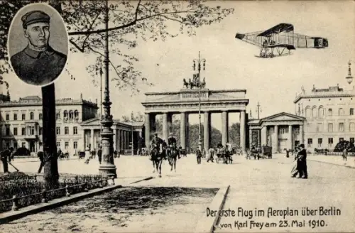 Ak Berlin Mitte, Brandenburger Tor, Der erste Flug im Aeroplan von Karl Frey, 23. Mai 1910