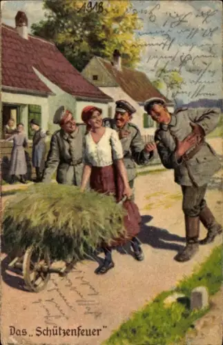 Ak Immer Fachmann, Nr. 9 Das Schützenfeier, Soldaten buhlen um Frau mit Heukarre