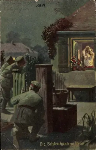 Künstler Ak Die Schleichpatrouille, Soldaten beobachten Frau durchs Fenster