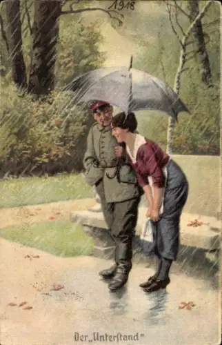 Künstler Ak Der Unterstand, Soldat hält Frau den Regenschirm, Immer Fachmann, I. WK