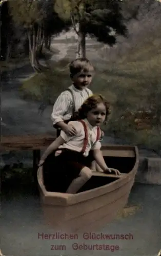 Ak Glückwunsch Geburtstag, Kinder im Ruderboot