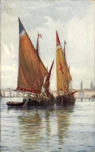 Ak Segelboote mit bunten Segeln treffen sich, Steg