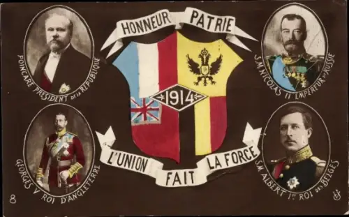 Ak Raymond Poincaré, Zar Nikolaus II., George V. von England, Albert I. v. Belgien, Alliierte 1914