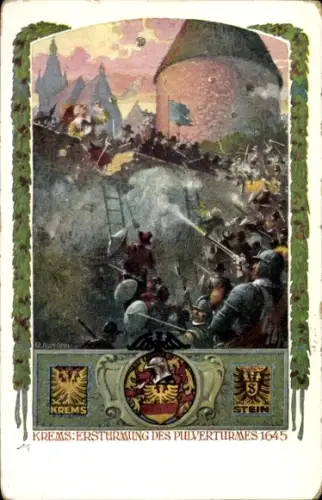 Künstler Ak Krems an der Donau Niederösterreich, Erstürmung des Pulverturmes 1645