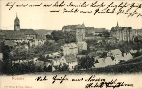 Ak Nossen in Sachsen, Stadtpanorama mit Schloss, Kirchturm, Wohnhäuser, Bäume, handschriftliche G