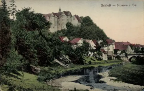 Ak Nossen in Sachsen, Schloss auf Hügel, Fluss im Vordergrund, Häuserreihe am Ufer, Steinbrücke, 