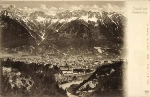 Ak Innsbruck in Tirol, Schneebedeckte Berggipfel, Talstadt, gewundener Fluss, Felsklippen, gedruc
