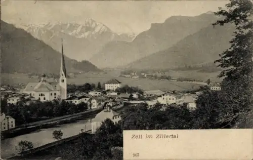 Ak Zell im Zillertal Tirol, Bergpanorama, Fluss im Vordergrund, Dorf mit markantem Kirchturm, Häu