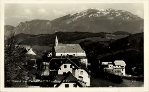 Ak Sankt Corona am Wechsel in Niederösterreich, Ortschaft, Kirche und Schneeberg