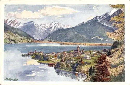 Künstler Ak Podhorsky, Zell am See in Salzburg, Blick v. d. Dr. Müller Promenade
