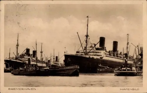 Ak Bremerhaven, BREMERHAVEN, HAFENBILD, Passagierdampfer, Schlepper