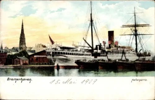 Ak Bremerhaven, Dampfer im Hafen
