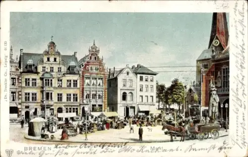 Ak Hansestadt Bremen,  Marktplatz, Giebelhäuser, Marktstände, Pferdewagen, Kirchturm