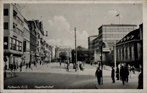 Ak Katowice Kattowitz Oberschlesien, Kattowitz O/S, Hauptbahnhof, Haltestelle