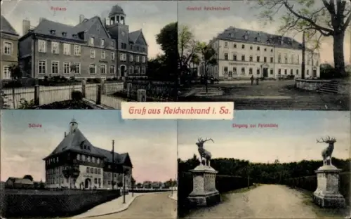 Ak Reichenbrand Chemnitz in Sachsen, Rathaus, Gasthof Reichenbrand, Schule, Eingang zur Pelzmühle