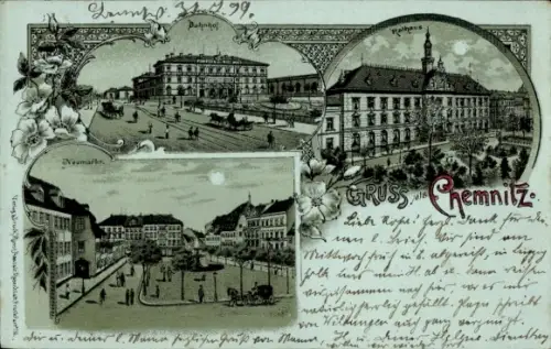 Mondschein Litho Chemnitz in Sachsen, Bahnhof, Rathaus, Marktplatz
