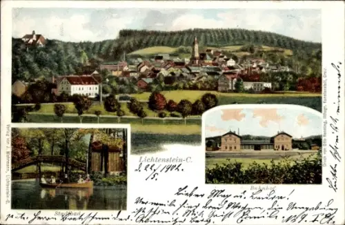 Ak Lichtenstein Callnberg Sachsen, Gesamtansicht, Stadtbad, Bahnhof