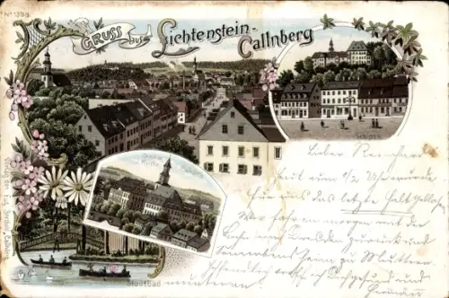 Litho Lichtenstein Callnberg Sachsen, Gesamtansicht, Schloss, Kirche, Stadtbad