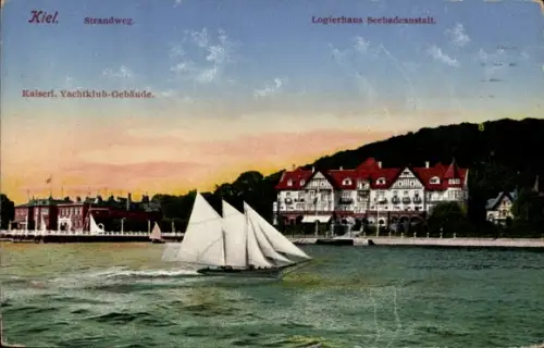 Ak Kiel in Schleswig Holstein, Logierhaus Seebadeanstalt, Strandweg, Kaiserliches Yachtklub Gebäude