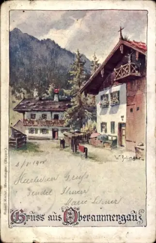 Künstler Ak Irlinger, W., Oberammergau in Oberbayern, Wohnhäuser am Waldrand