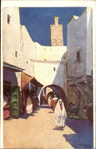 Künstler Ak M. Bertuchi, Tetuan Tétouan Marokko, Straßenszene, verschleierte Frau