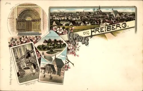Litho Freiberg in Sachsen, Panorama, Goldene Pforte, Schloss