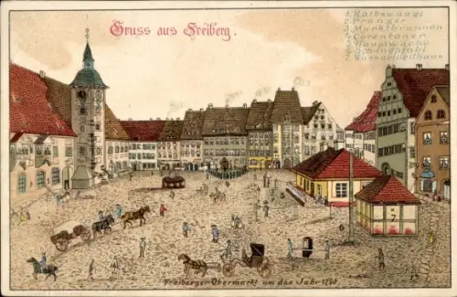 Ak Freiberg in Sachsen, Freiberger Obermarkt, Marktbrunnen, Schandpfahl