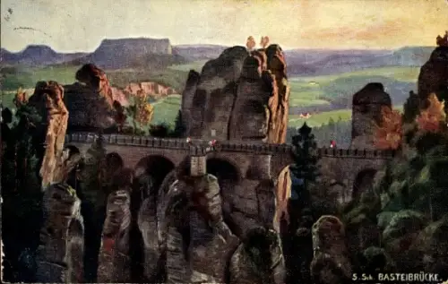 Ak Lohmen Sächsische Schweiz, Bastei, Basteibrücke,  Felsenlandschaft, Wanderer, Natur