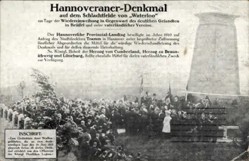 Ak Waterloo Wallonisch Brabant, Hannoveraner-Denkmal, Schlachtfeld