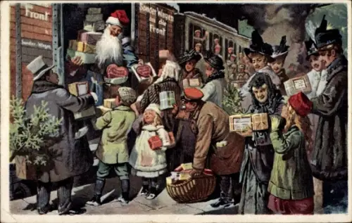 Künstler Ak Glückwunsch Weihnachten, Der feldgraue Weihnachtsmann fährt zur Front, Geschenke, Zug