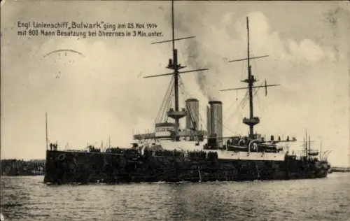 Ak Sheernes, Englisches Linienschiff Bulwark, 1914