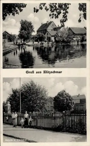 Ak Klitzschmar Klitschmar Wiedemar in Sachsen, Am Teich, Schule, Denkmal, Klitzschmar