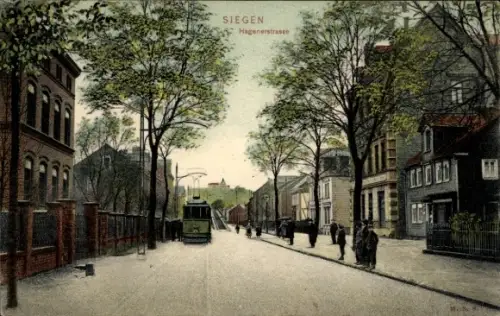 Ak Siegen in Westfalen,  Hagenerstrasse, Straßenbahn, Straßenansicht
