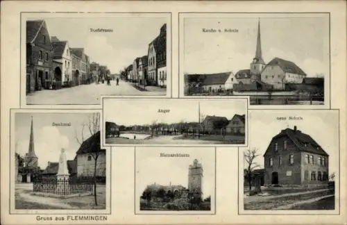 Ak Flemmingen Hartha in Sachsen, Dorfstraße, Kirche und Schule, Denkmal, Anger, neue Schule, Bism