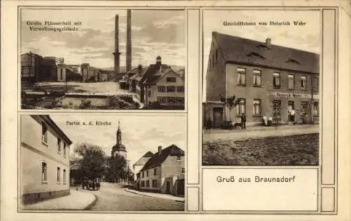 Ak Braunsdorf an der Zschopau Niederwiesa Sachsen, Grube Plännerhall, Geschäftshaus von Heinrich 