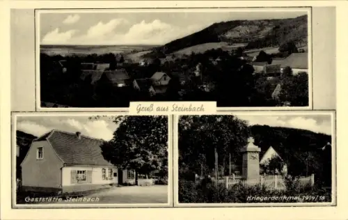 Ak Steinbach Moritzburg in Sachsen, Teilansicht, Gaststätte, Kriegerdenkmal 1914/18