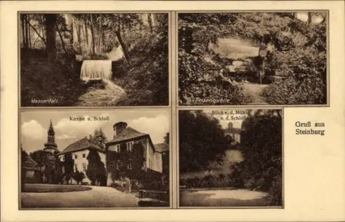 Ak Steinbourg Steinburg Elsass Bas Rhin, Wasserfall, Felsenquelle, Kirche und Schloss, Blick von 