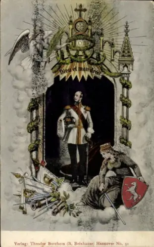 Passepartout Ak Dieu et mon droit, König von Hannover, Standportrait in Uniform