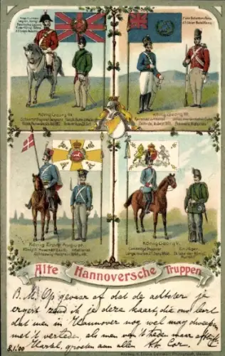 Litho Alte Hannoversche Truppen, König Georg II, Dragoner, Artillerist, Grenadier, Husar, Jäger
