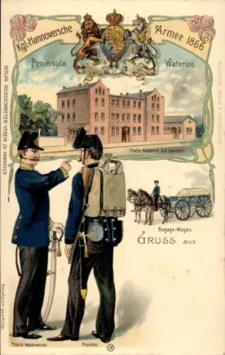 Litho Königlich Hannoversche Armee 1866, Train-Kaserne an der Sandstraße, Peninsula, Waterloo