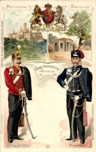 Litho Kgl. Hannoversche Armee 1866, Marienburg, Wache im Georgengarten, Königin-Husar, Gensdarm