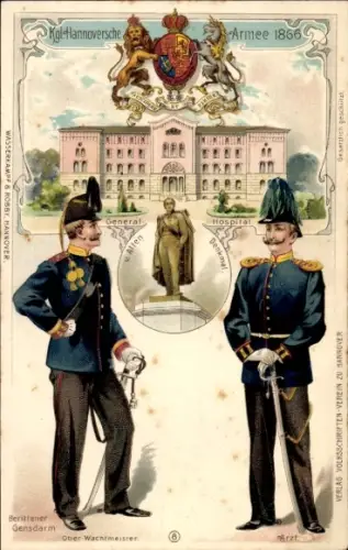 Litho Kgl. Hannoversche Armee 1866, General-Hospital, Berittener Gensdarm, Arzt, v. Alten Denkmal