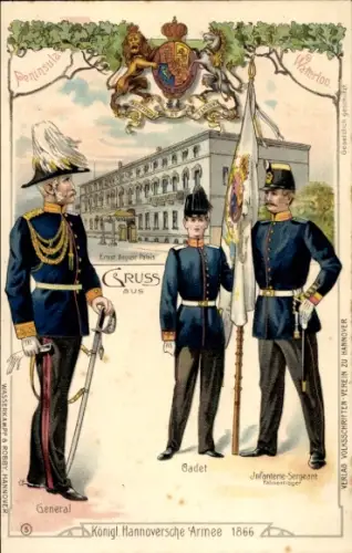 Litho Kgl. Hannoversche Armee 1866, Ernst August Palais, General, Cadet, Infanterie-Sergeant